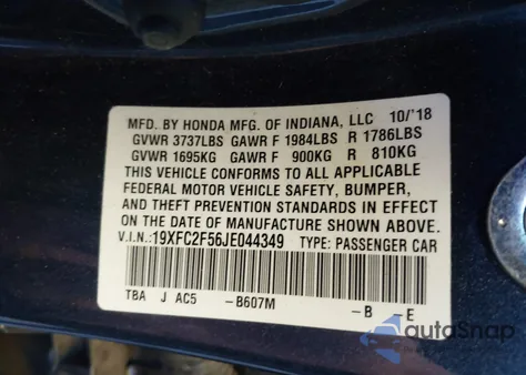 2018 Honda Civic Lx from USA, damaged, VIN 19XFC2F56JE044349